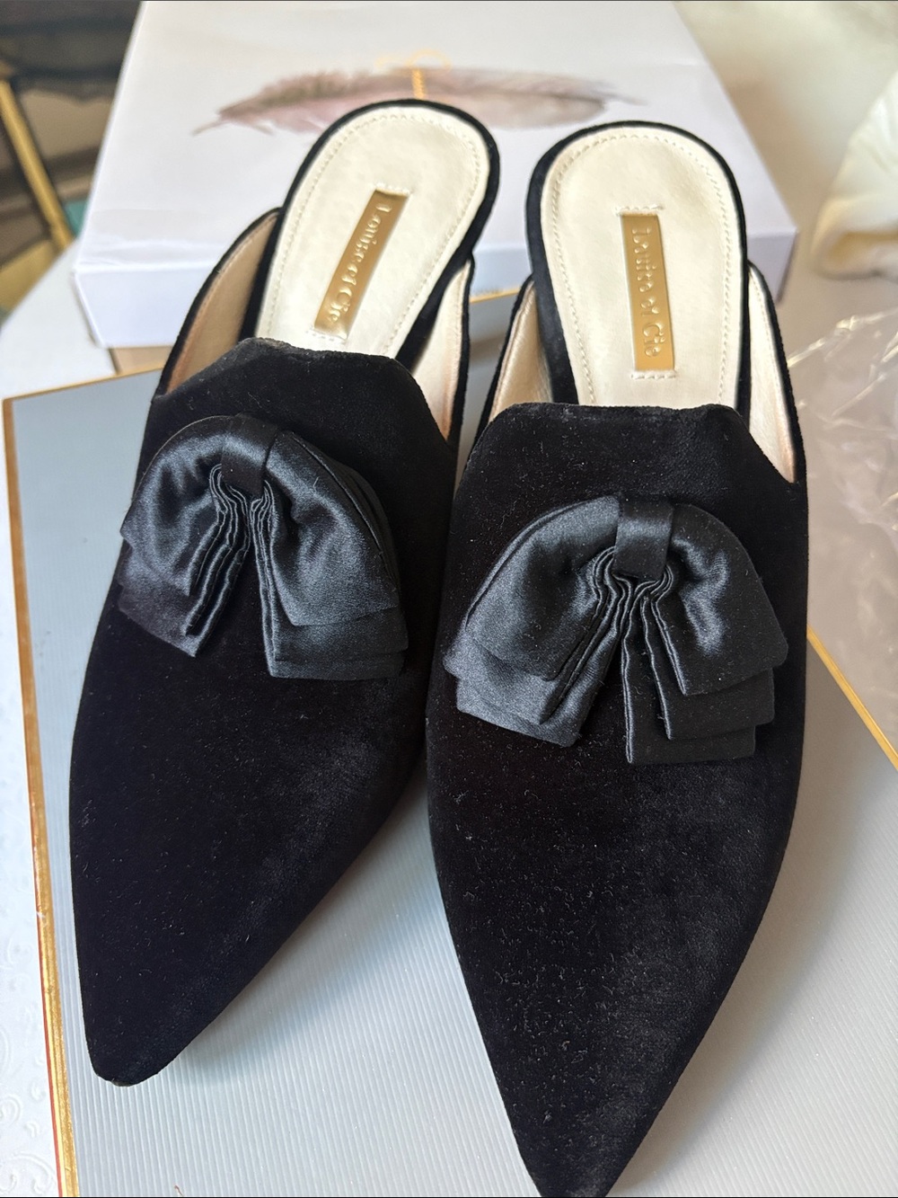 Louise et Cie Black Velvet Pointed Bow Mules